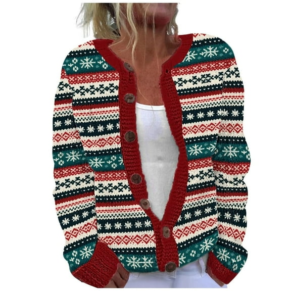 Women's Christmas Plus Size Printed Button Cardigan Winter Warm and Comfortable Chunky Knit Tops Coat