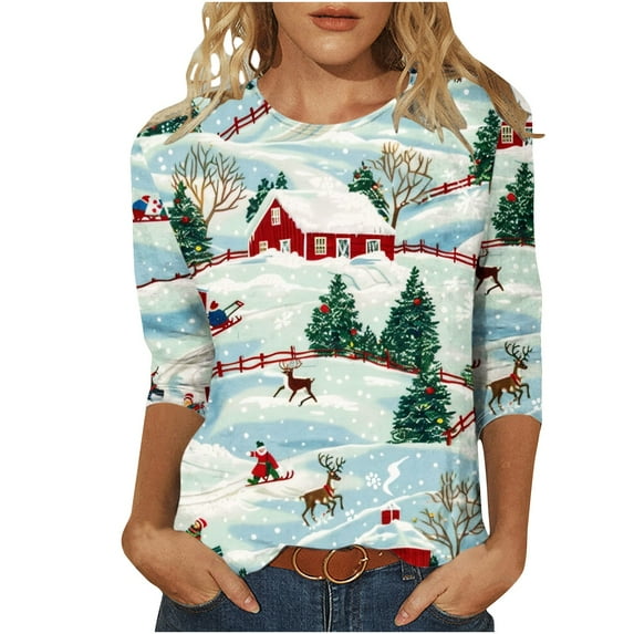 Women's Christmas Plus Size Tshirts Casual 3/4 Sleeve Crewneck Tee Tops Merry Chrismas Holiday Outfit Gift Shirt