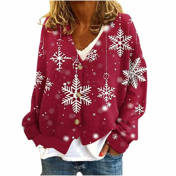 Women's Christmas Print Cardigan Santa Claus Graphic Button Down V-Neck Festive Holiday Wear Cozy Seasonal Celebration Sweater