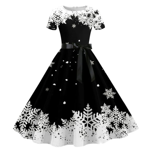 Women's Christmas Print Casual Dress Short Sleeve Round Neck Knee-Length Polyester Comfortable Fashion Holiday Party Work Home Vacation All Season