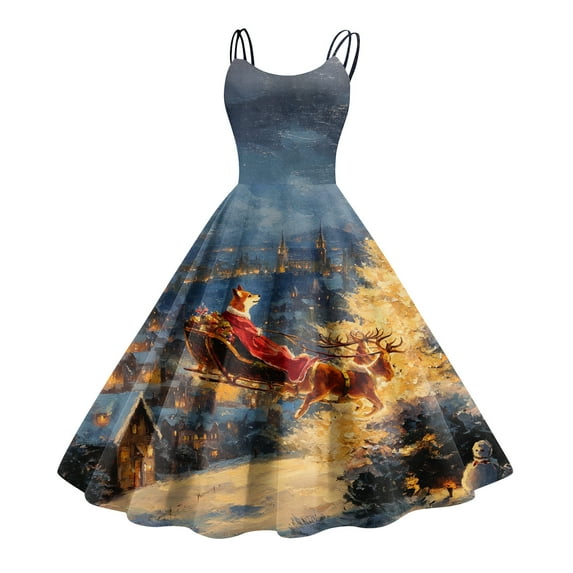 Women's Christmas Print Casual Fashion Round Neck Mid-Length Dress with Vintage Style for Holiday Parties and Casual Outings,Blue,L