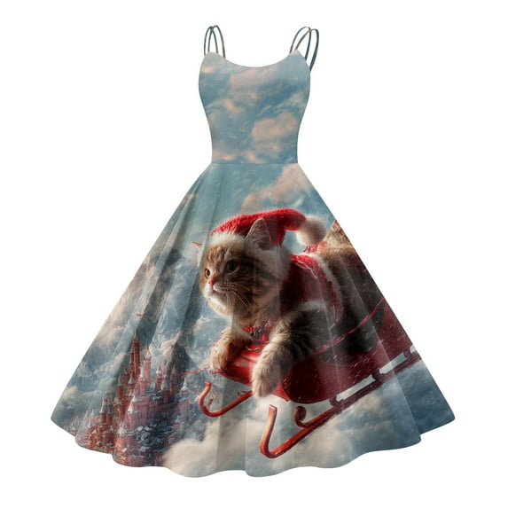 Women's Christmas Print Casual Fashion Round Neck Mid-Length Dress with Vintage Style for Holiday Parties and Casual Outings,Cyan,XL