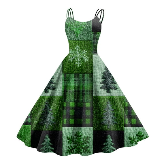 Women's Christmas Print Casual Fashion Round Neck Mid-Length Dress with Vintage Style for Holiday Parties and Casual Outings,Green,L