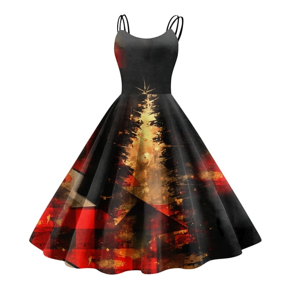 Women's Christmas Print Casual Fashion Round Neck Mid-Length Dress with Vintage Style for Holiday Parties and Casual Outings,Hot Pink,L