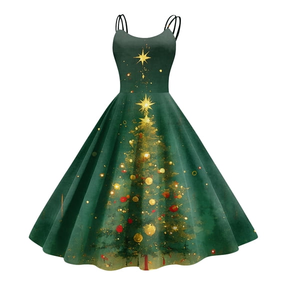 Women's Christmas Print Casual Fashion Round Neck Mid-Length Dress with Vintage Style for Holiday Parties and Casual Outings,Light Green,S