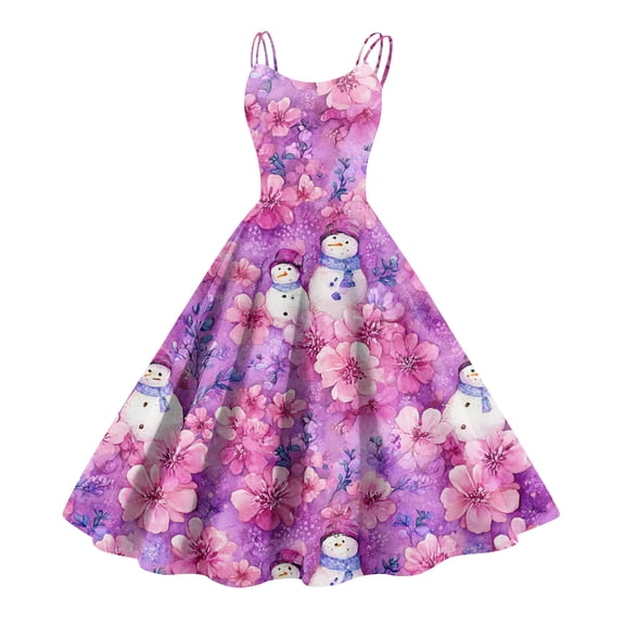 Women's Christmas Print Casual Fashion Round Neck Mid-Length Dress with Vintage Style for Holiday Parties and Casual Outings,Purple,XL