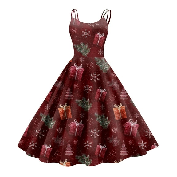 Women's Christmas Print Casual Fashion Round Neck Mid-Length Dress with Vintage Style for Holiday Parties and Casual Outings,Red,L