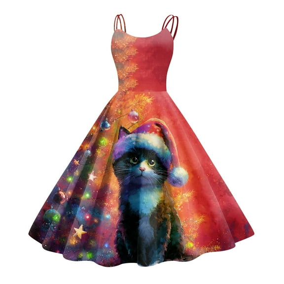 Women's Christmas Print Casual Fashion Round Neck Mid-Length Dress with Vintage Style for Holiday Parties and Casual Outings,Red,S