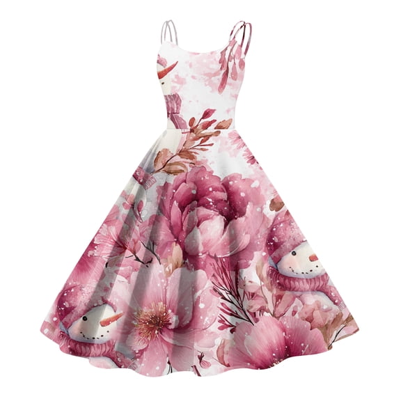 Women's Christmas Print Casual Fashion Round Neck Mid-Length Dress with Vintage Style for Holiday Parties and Casual Outings,Vermilion,S