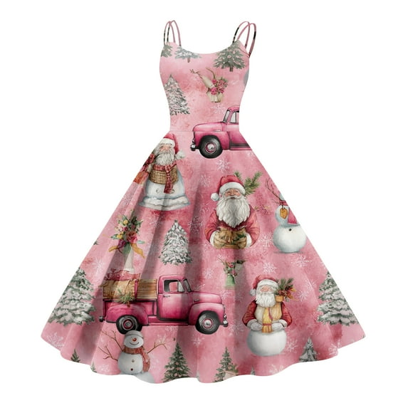 Women's Christmas Print Casual Fashion Round Neck Mid-Length Dress with Vintage Style for Holiday Parties and Casual Outings,Vermilion,XL