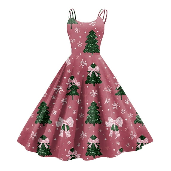 Women's Christmas Print Casual Fashion Round Neck Mid-Length Dress with Vintage Style for Holiday Parties and Casual Outings,Watermelon Red,XL