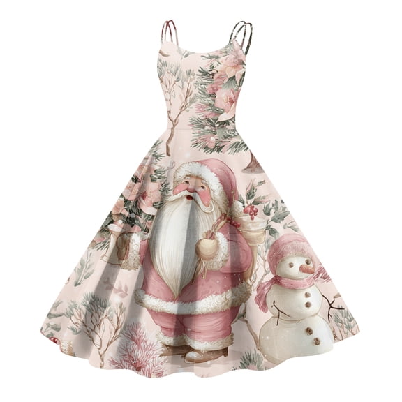 Women's Christmas Print Casual Fashion Round Neck Mid-Length Dress with Vintage Style for Holiday Parties and Casual Outings,White,S