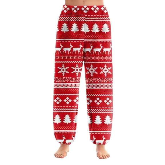 Women's Christmas Print Cuff Pants, Casual Lounge Sleep Pants, Elastic Waist Holiday Pajama Pants for Festive Nights and Seasonal Comfort,Deep Red,XS