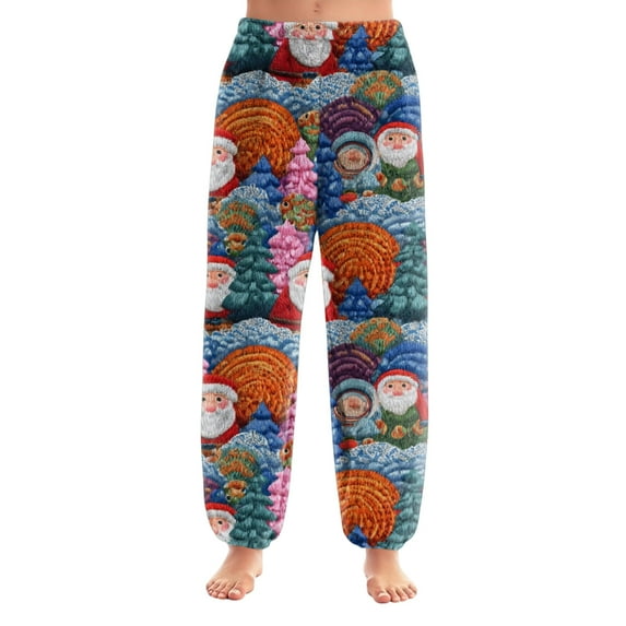 Women's Christmas Print Cuffed Ankle Pants, Casual Pajama Style, Blue, Size L