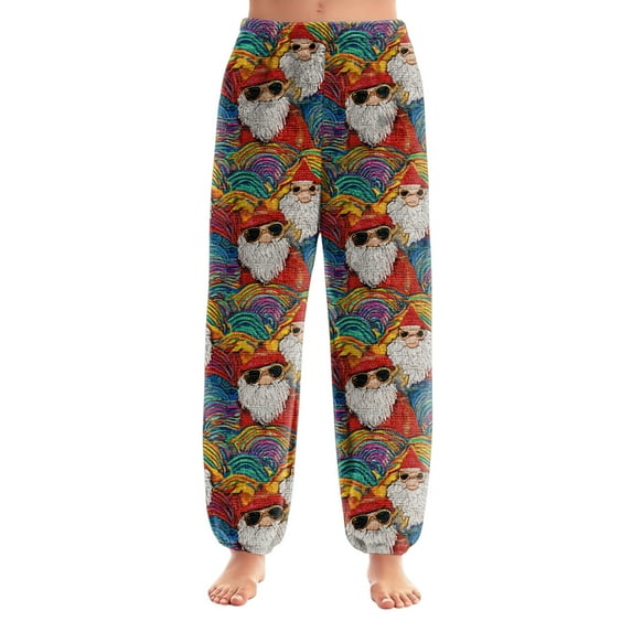 Women's Christmas Print Cuffed Ankle Pants, Casual Pajama Style, Burgundy, Size S