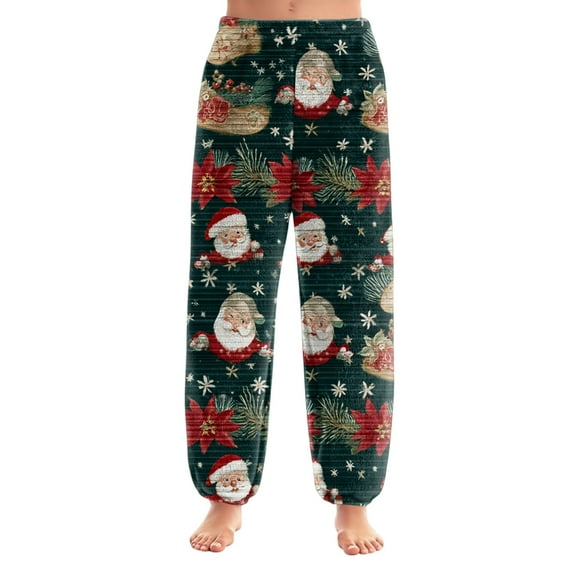Women's Christmas Print Cuffed Casual Pants and Pajama Pants, Home Sleepwear, Comfortable Lounge Bottoms for Women, Solid Color Trousers with Elastic Waist, Dark Green, XL