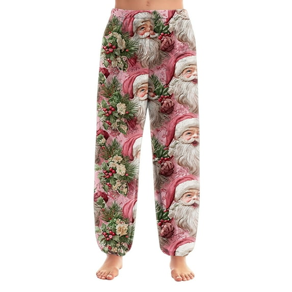 Women's Christmas Print Cuffed Casual Pants and Pajama Pants, Home Sleepwear, Comfortable Lounge Bottoms for Women, Solid Color Trousers with Elastic Waist, Pink, XL