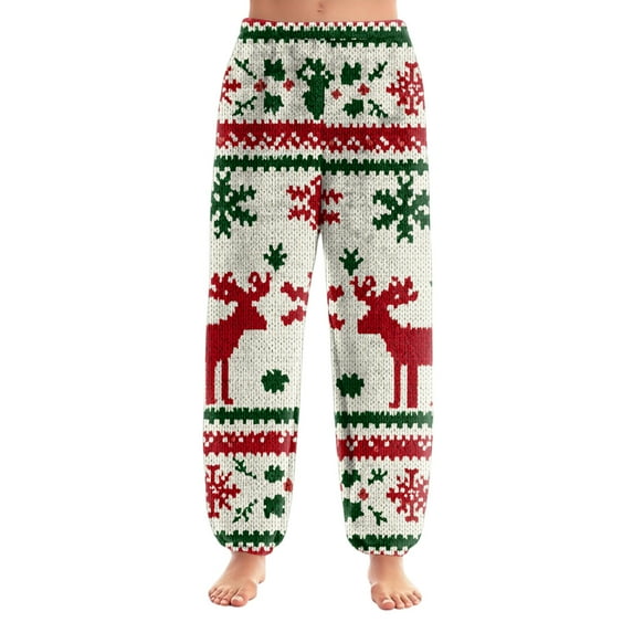 Women's Christmas Print Cuffed Casual Pants and Pajama Pants, Home Sleepwear, Comfortable Lounge Bottoms for Women, Solid Color Trousers with Elastic Waist, White, M