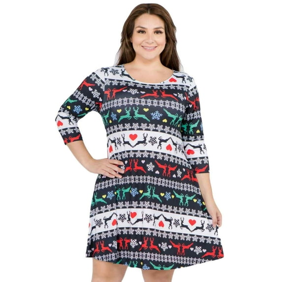 Women's Christmas Print Dress, Fair Isle Reindeer/Black, 2XL