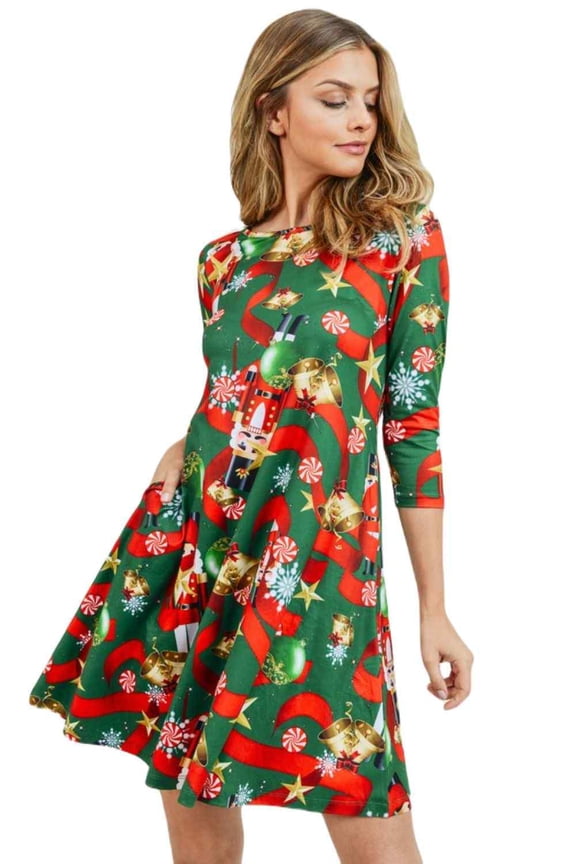 Women's Christmas Print Dress, Nutcracker Christmas/Green, L