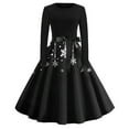 thumbnail image 1 of Women's Christmas Print Flare Dress with Snowflake, Christmas Tree and Snowman Pattern, Long Sleeve Round Neck Vintage Party Dress with "Merry Christmas",Black,Size 3XL, 1 of 4