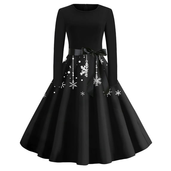Women's Christmas Print Flare Dress with Snowflake, Christmas Tree and Snowman Pattern, Long Sleeve Round Neck Vintage Party Dress with "Merry Christmas",Black,Size 3XL