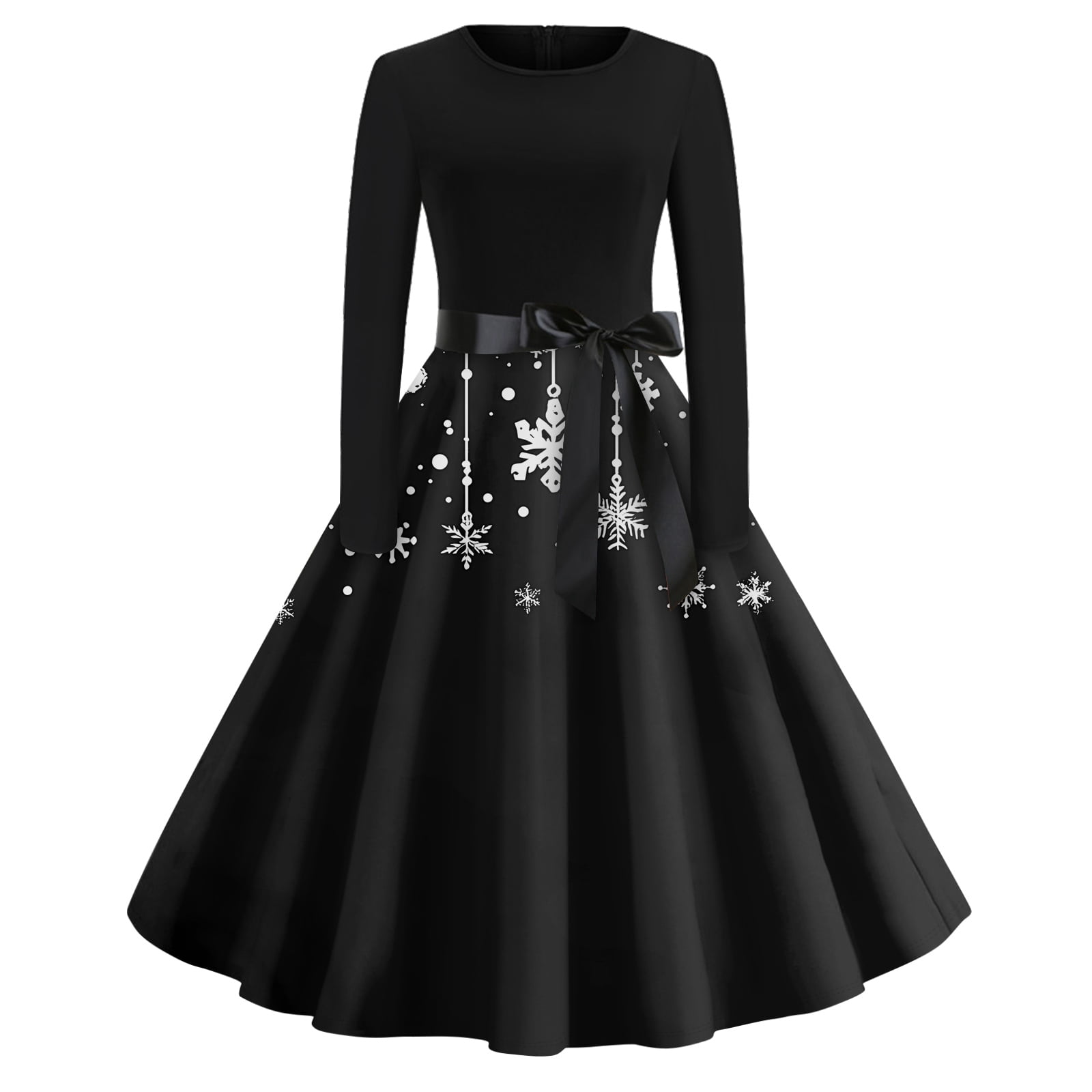 christmas black party dress Women's Print Flare with Snowflake, Christmas Tree and Snowman Pattern, Long Sleeve Round Neck Vintage Dress with 