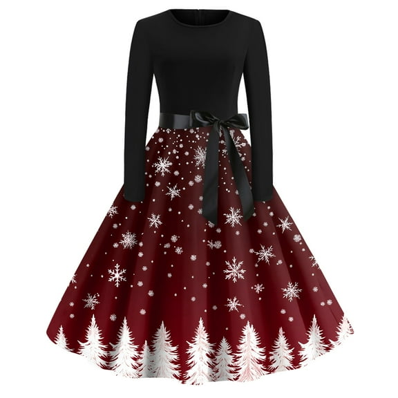 Women's Christmas Print Flare Dress with Snowflake, Christmas Tree and Snowman Pattern, Long Sleeve Round Neck Vintage Party Dress with "Merry Christmas",Deep Red,Size L