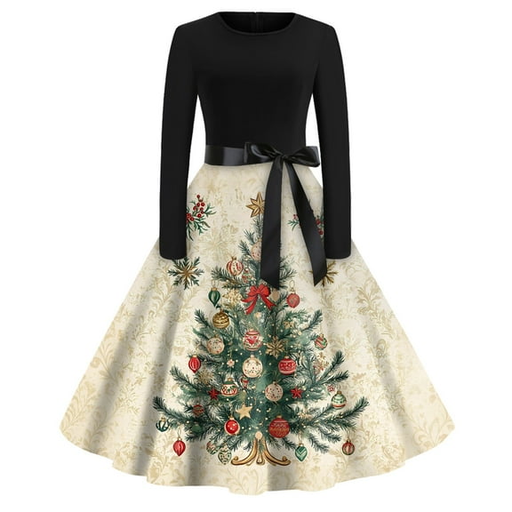 Women's Christmas Print Flare Dress with Snowflake, Christmas Tree and Snowman Pattern, Long Sleeve V-Neck Vintage Party Dress for Holiday Festive Occasions,Beige,Size L