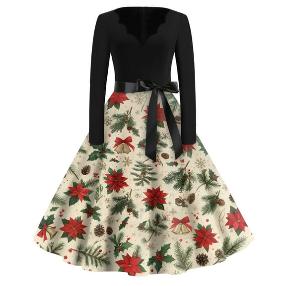 Women's Christmas Print Flare Dress with Snowflake, Christmas Tree and Snowman Pattern, Long Sleeve V-Neck Vintage Party Dress for Holiday Festive Occasions,Beige,Size L