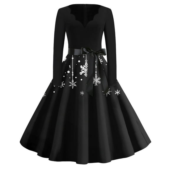 Women's Christmas Print Flare Dress with Snowflake, Christmas Tree and Snowman Pattern, Long Sleeve V-Neck Vintage Party Dress for Holiday Festive Occasions,Black,Size 2XL