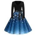 thumbnail image 1 of Women's Christmas Print Flare Dress with Snowflake, Christmas Tree and Snowman Pattern, Long Sleeve V-Neck Vintage Party Dress for Holiday Festive Occasions,Blue,Size M, 1 of 4