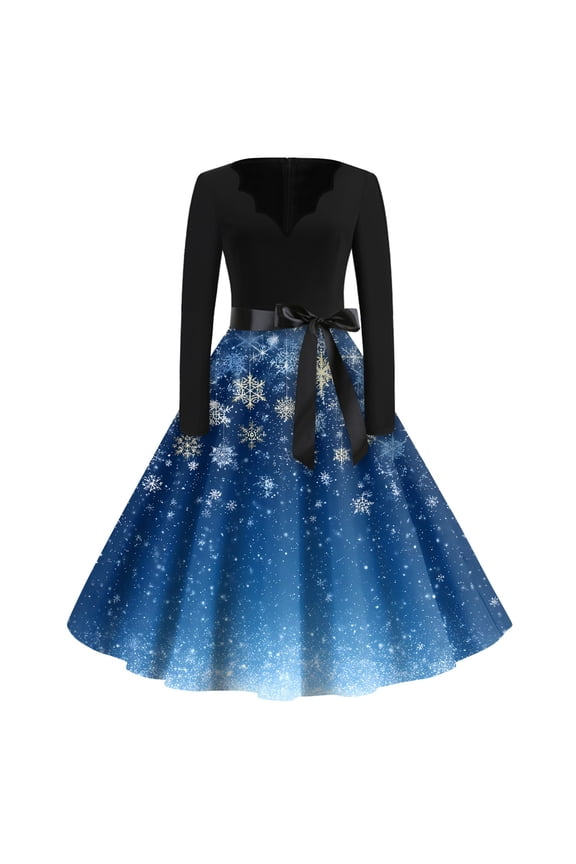 Women's Christmas Print Flare Dress with Snowflake, Christmas Tree and Snowman Pattern, Long Sleeve V-Neck Vintage Party Dress for Holiday Festive Occasions,Blue,Size S