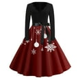 thumbnail image 1 of Women's Christmas Print Flare Dress with Snowflake, Christmas Tree and Snowman Pattern, Long Sleeve V-Neck Vintage Party Dress for Holiday Festive Occasions,Deep Red,Size M, 1 of 4