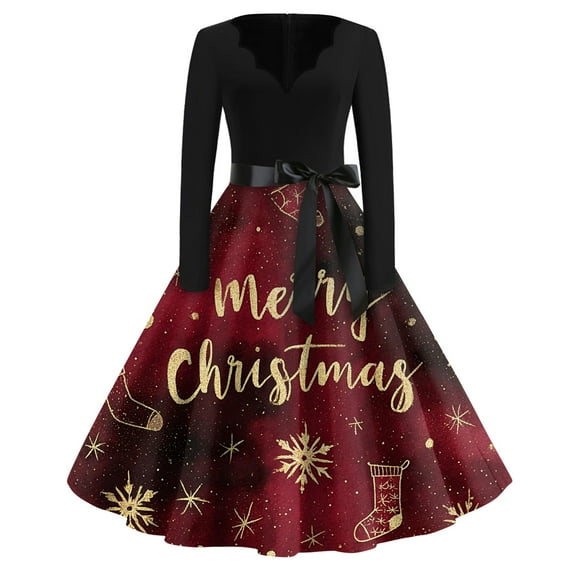 Women's Christmas Print Flare Dress with Snowflake, Christmas Tree and Snowman Pattern, Long Sleeve V-Neck Vintage Party Dress for Holiday Festive Occasions,Gold,Size XL