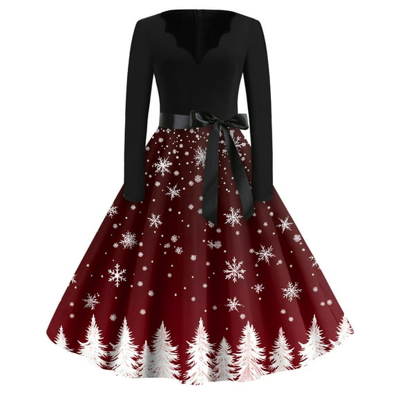 Women's Christmas Print Flare Dress with Snowflake, Christmas Tree and Snowman Pattern, Long Sleeve V-Neck Vintage Party Dress for Holiday Festive Occasions,White,Size 2XL