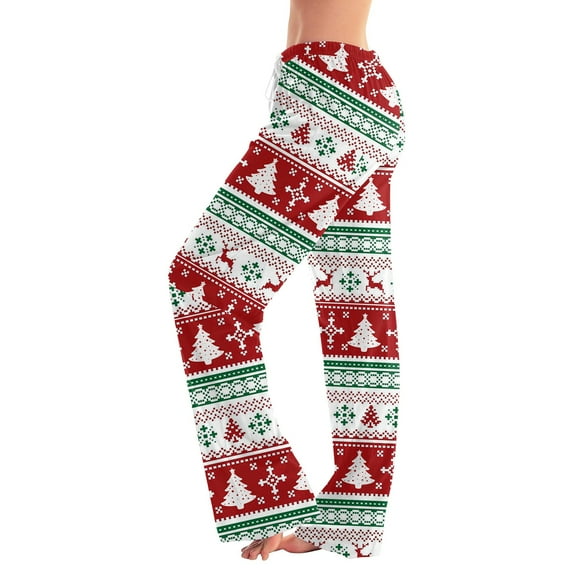 Women's Christmas Print Full-Length Pants, Elastic Waist with Drawstring, Casual Style, Burgundy, Size S