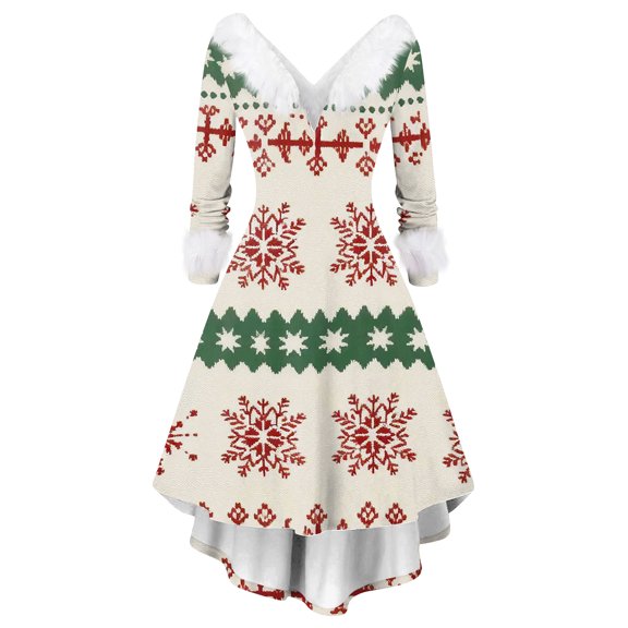 Women's Christmas Print Furry Party Dress - V-neck Casual Slim Long Sleeve, Beige, S