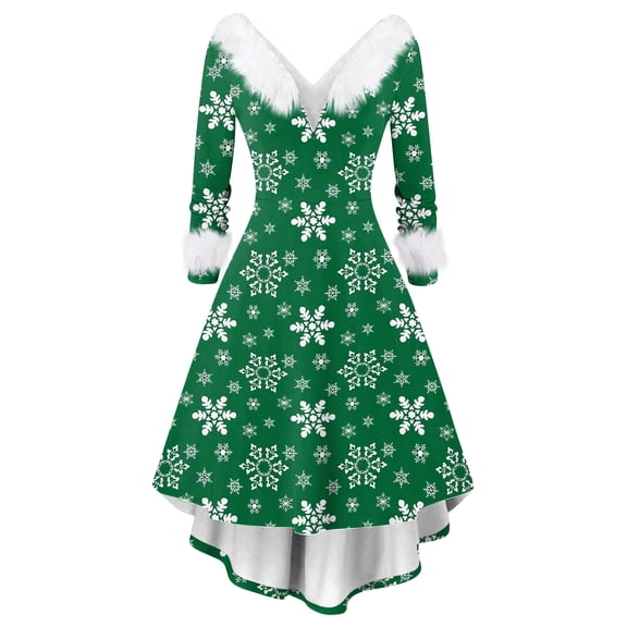Women's Christmas Print Furry Party Dress - V-neck Casual Slim Long Sleeve, Green, S