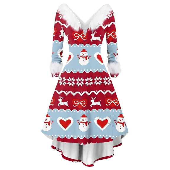 Women's Christmas Print Furry Party Dress - V-neck Casual Slim Long Sleeve, Sky Blue, L