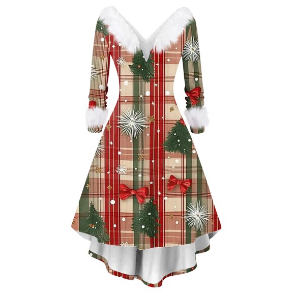 Women's Christmas Print Furry Party Dress - V-neck Casual Slim Long Sleeve, Watermelon Red, S