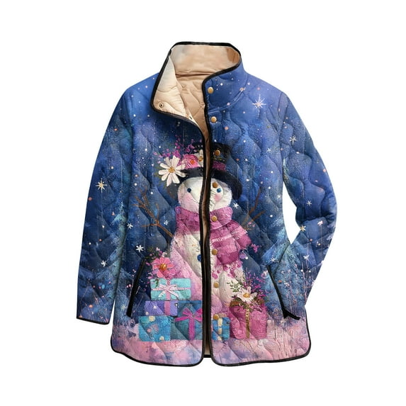 Women's Christmas Print High-Neck Padded Long Sleeve Button-Up Cotton Coat Winter Coats For Women Womens Puffer Jacket Winter Clothing For Women