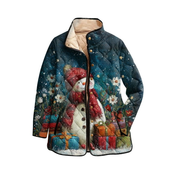 Women's Christmas Print High-Neck Padded Long Sleeve Button-Up Cotton Coat Winter Coats For Women Womens Puffer Jacket Winter Clothing For Women