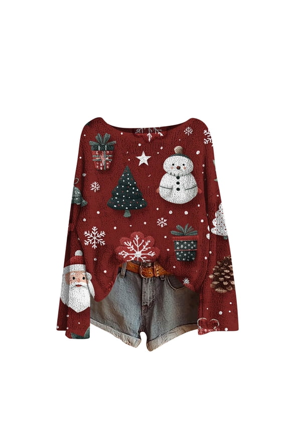 Women's Christmas Print Lightweight Knit Sweater, Casual Long-Sleeve Pullover Top with Stylish Design, Super Soft & Breathable Fabric, Perfect for Daily Wear, Casual Outings, S Multicolor