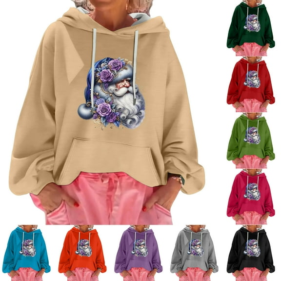 Women's Christmas Print Loose Casual Long Sleeve Hooded Sweatshirt, Festive Fall Winter Wear with Comfortable Fit and Holiday Design for Seasonal Activities,Hot Pink,L