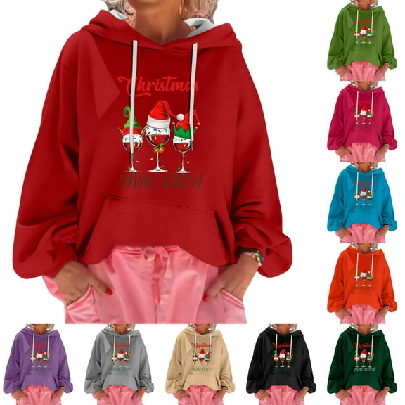 Women's Christmas Print Loose Casual Long Sleeve Hooded Sweatshirt, Theistmas Wine Crew Design for Fall Winter Seasonal Wear with Cozy and Comfortable Fit,Purple,M