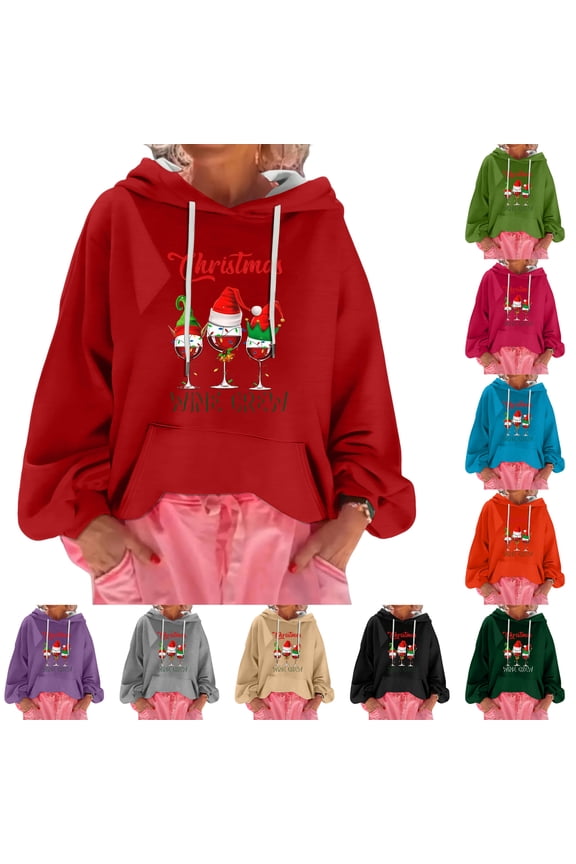 Women's Christmas Print Loose Casual Long Sleeve Hooded Sweatshirt, Theistmas Wine Crew Design for Fall Winter Seasonal Wear with Cozy and Comfortable Fit,Purple,M