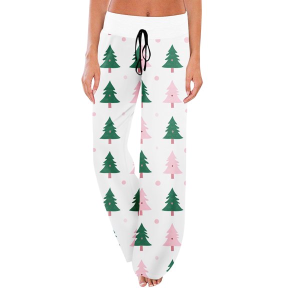 Women's Christmas Print Pajama Pants - Elastic Waist Drawstring Comfy Loose Straight Sleepwear, White Size M