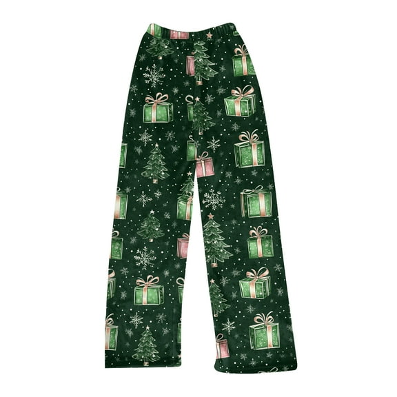 Women's Christmas Print Plush Pajama Pants, Soft and Comfortable Home Wear Trousers for Winter, Casual Sleepwear with Festive Design,Dark Green,2XL