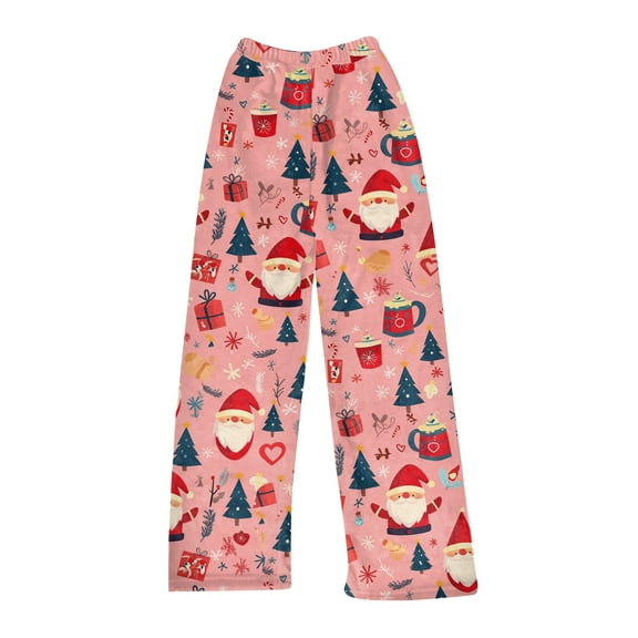 Women's Christmas Print Plush Pajama Pants, Soft and Comfortable Home Wear Trousers for Winter, Casual Sleepwear with Festive Design,Pink,2XL